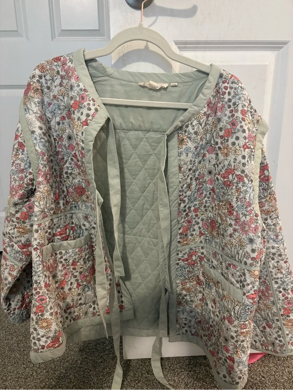 Quilted Floral Tie-Front Jacket - Light Sage Floral